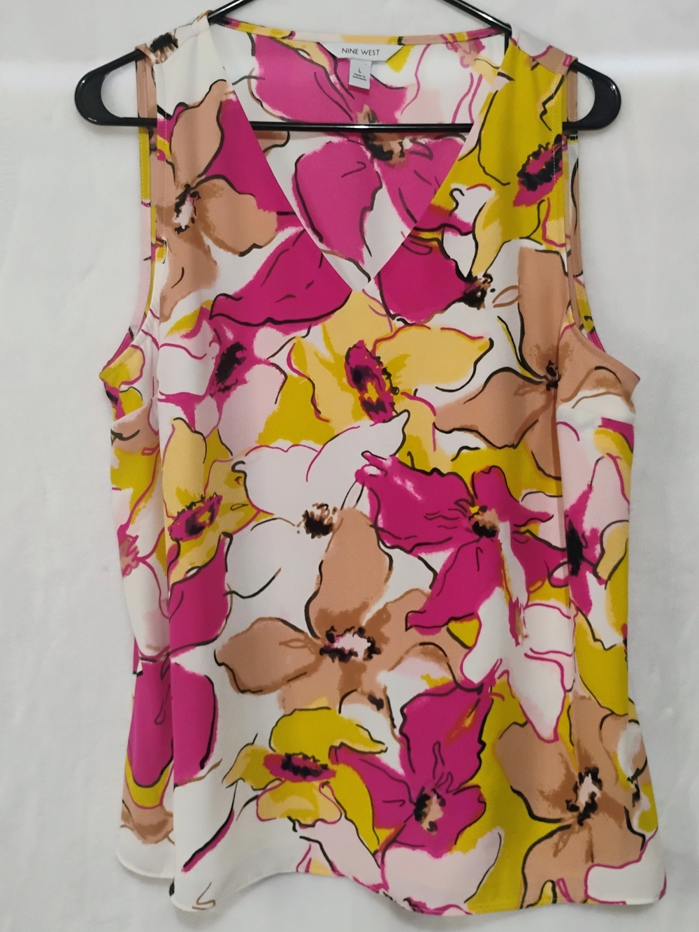 Nine West Sz Large Sleeveless V Neck Pink Yellow Bold Floral Blouse Tank Lined U